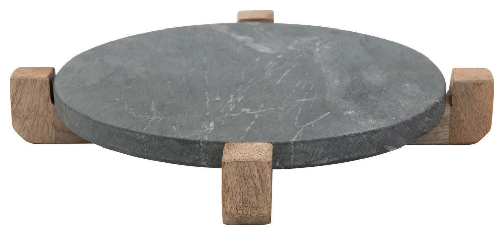 Marble Serving Board With Mango Wood Stand, Black/Natural, 2-Piece Set