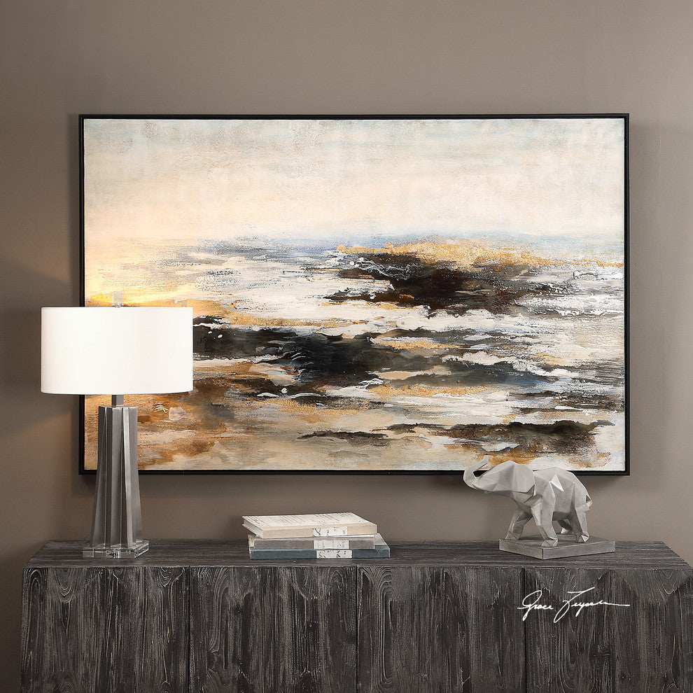 Rustic Abstract Modern Sea Shore Beach Painting Wall Art Coastal Sand Beige Blue