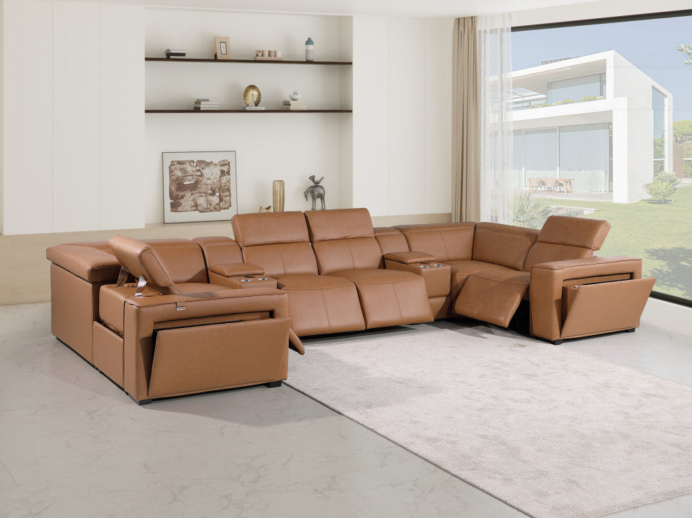 Niccolo Italian Leather 8-Piece U-Shaped 4 Power Reclining Sectional, Cognac