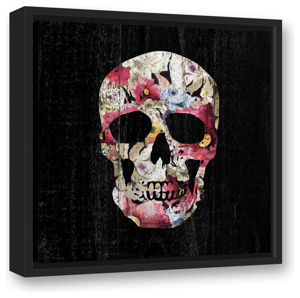 Floral Skull 16"x16" Black Floating Framed Canvas