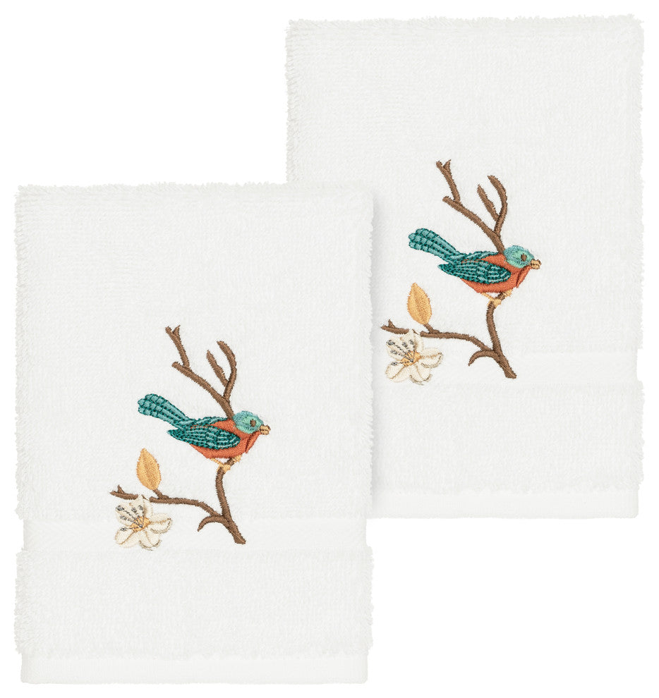 Linum Home Textiles Spring Time Embellished, White, Washcloth, 2-Piece Set