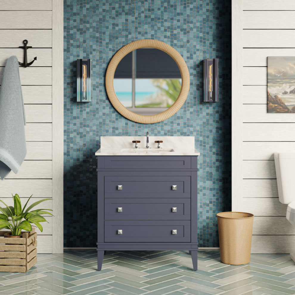 Eleanor 30" Bathroom Vanity, Marine Gray, Carrara Marble Top