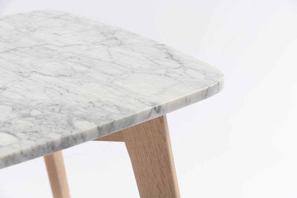 Faura 18" x 43.5" Rectangular Italian Carrara White Marble Table with Oak Legs