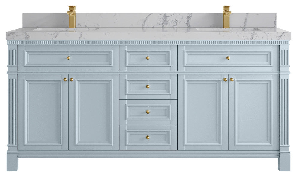 Paris 72" Double Sink Bathroom Vanity, Blue Heather 2" Venatino Quartz
