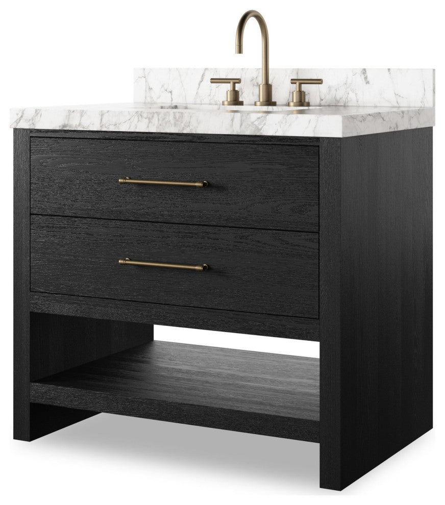 Anthem Single Vanity 36", Carrara Marble, Black Wash Oak Veneer, Brushed Brass