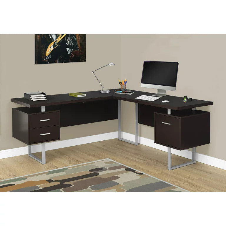 Modern Desk, Spacious L-Shaped Design With Floating Top & Drawers, Espresso