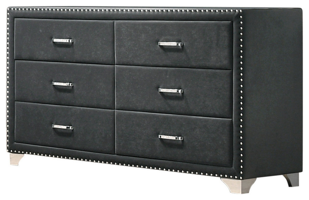Benzara BM280339 60" Velvet Dresser, Modern Glam, 6 Drawer, Nailhead, Gray