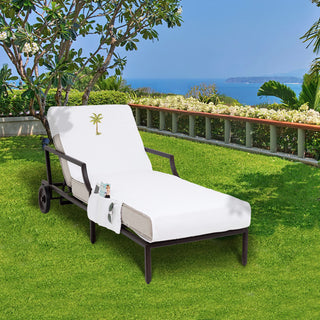 Palm Tree Embroidered Standard Size Chaise Lounge Cover With Side Pockets, White