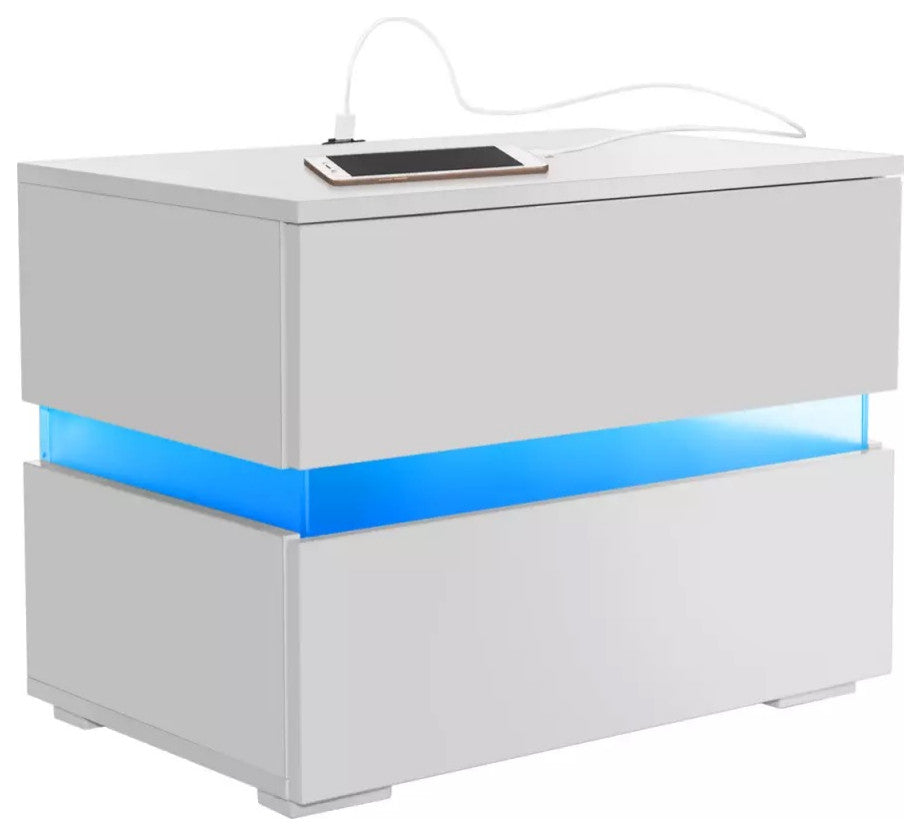 Modern LED Light Nightstand w/2 Drawers with 20 Colors, White