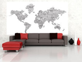 1-World Text Map Wall Mural, Black on White, Wallpaper, 3 panel, 107x57"