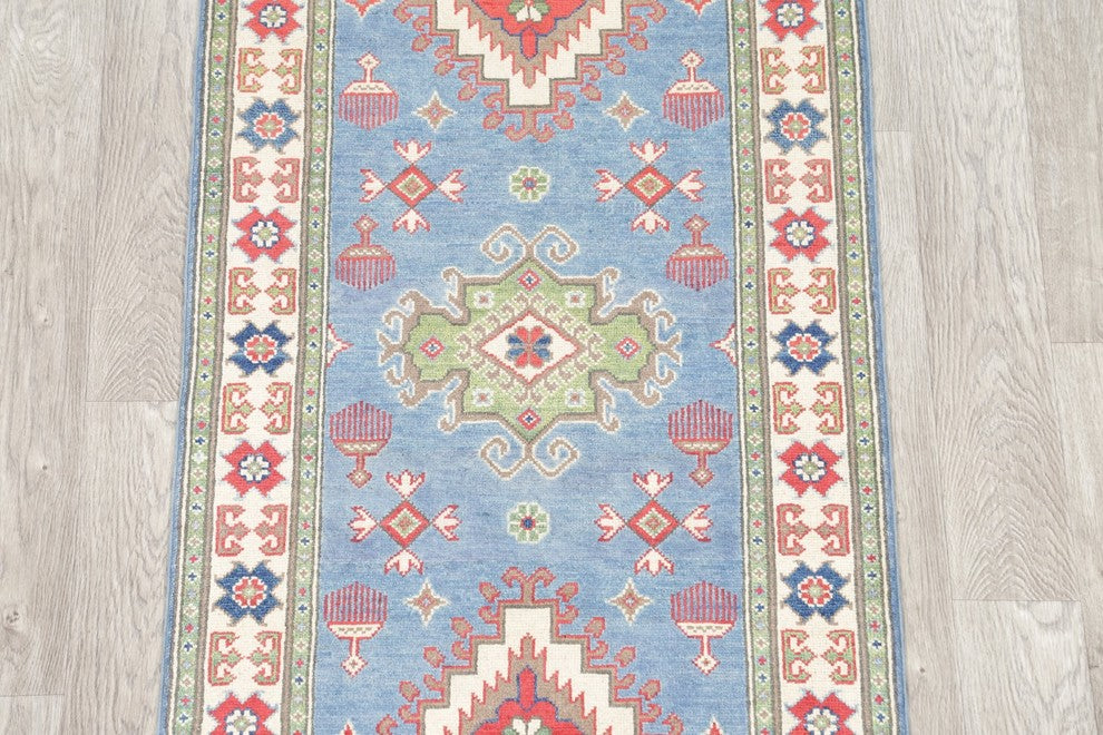 Kazak Oriental Hand Made Pakistani Traditional Wool Runner Rug, Blue, 9'9"X2'9"