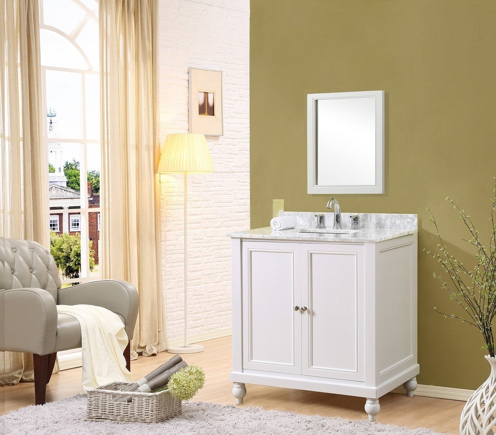 Classic 32" Pearl White Vanity, White Carrara Marble Top, With Mirror