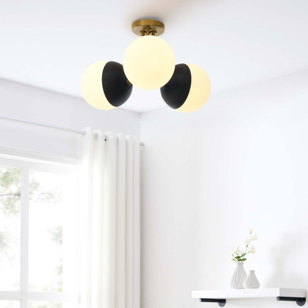 Stellar 3-Light Semi-Flush Ceiling Light, Opal Satin Brass