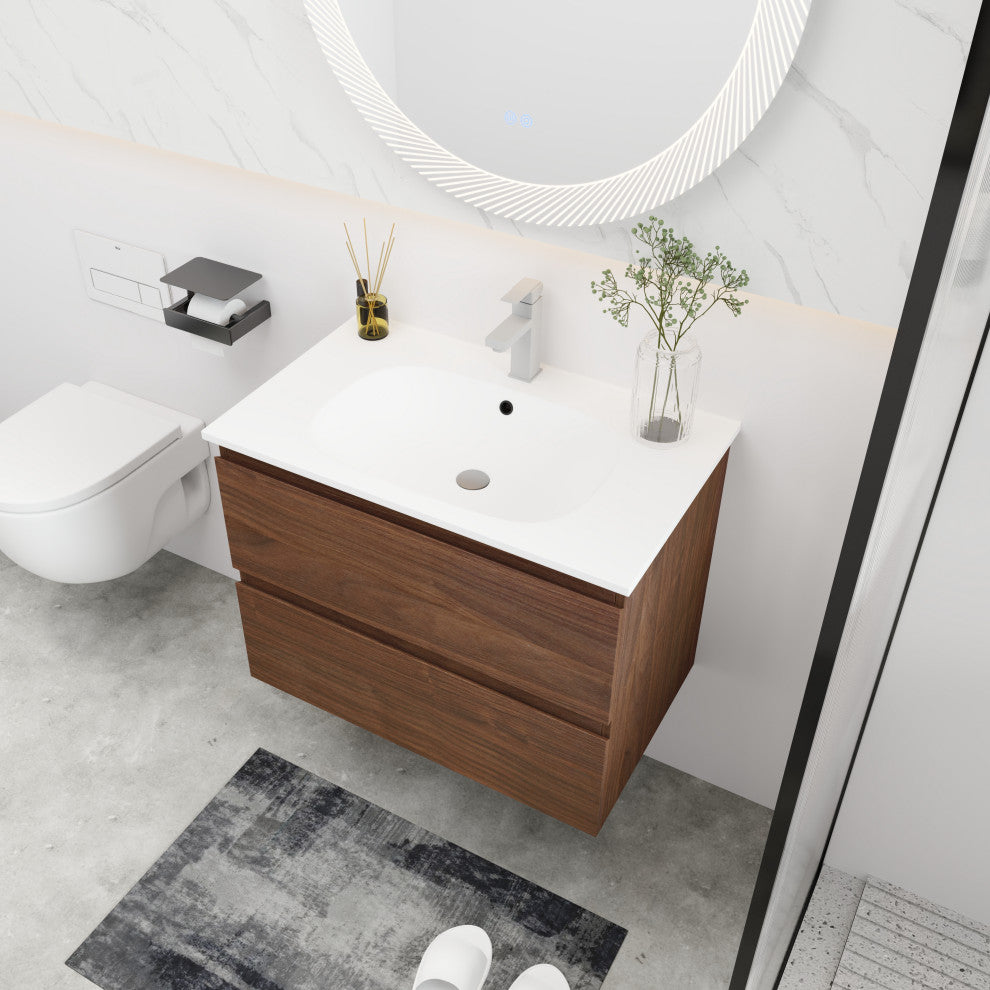 Wall-Mounted Plywood Bathroom Vanity Set in Light Oak with Integrated Gel Sink, Brown Oak, 30" X 18" X 20"
