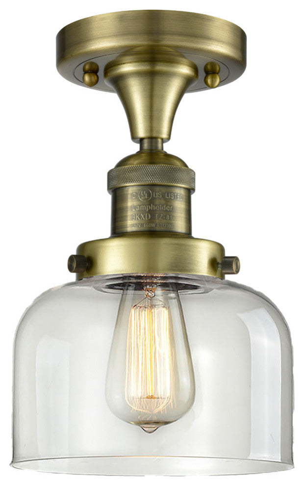 1-Light Large Bell 8" Flush Mount, Antique Brass, Glass: Clear