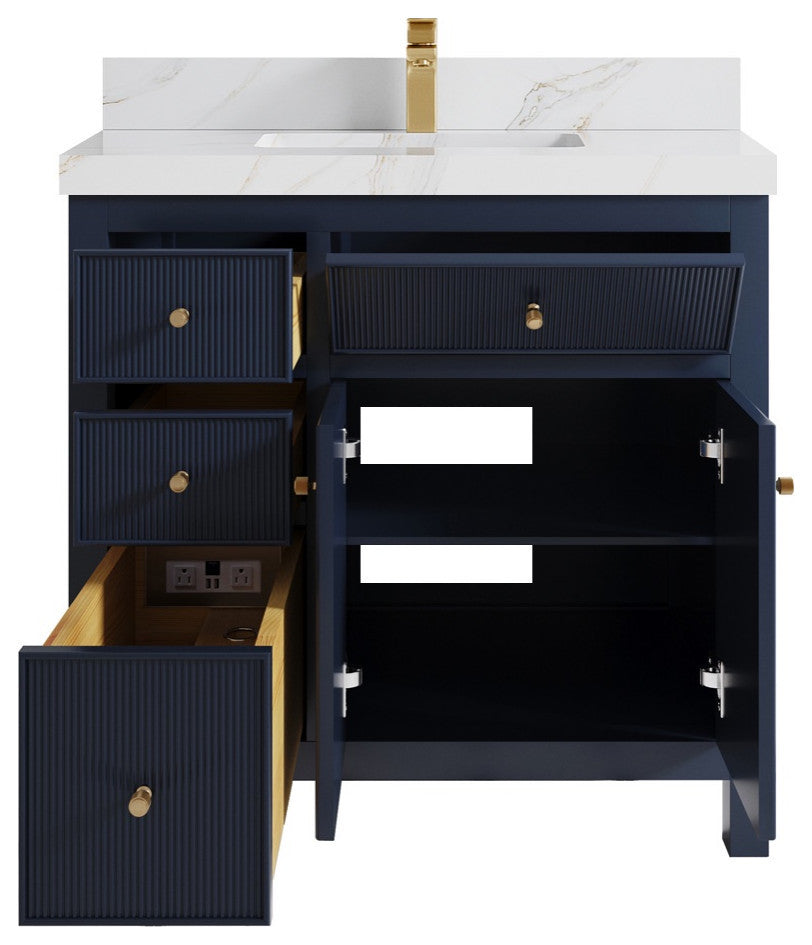Sonoma 36" Center Sink Bath Vanity in Hale Navy Blue, 2" Calacatta Sienna