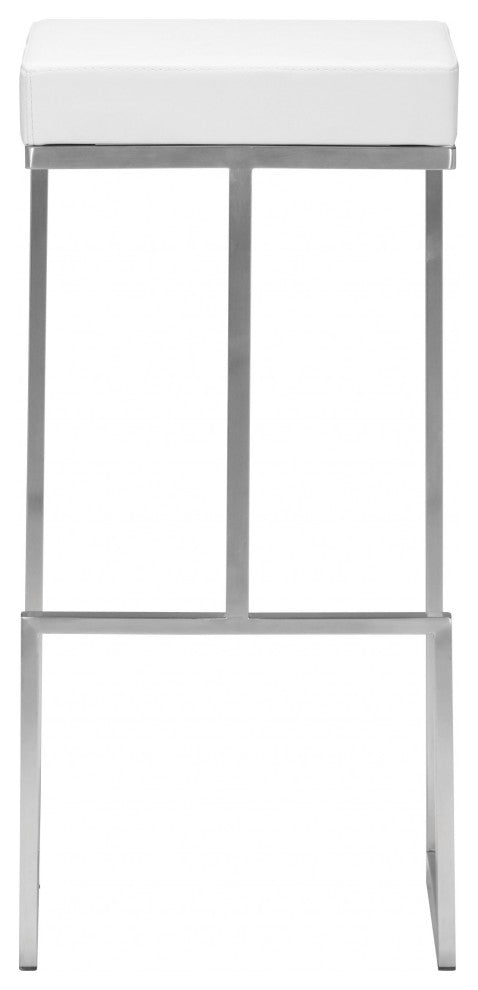 Set of Two White Faux Leather and Stainless Geometric Backless Barstools