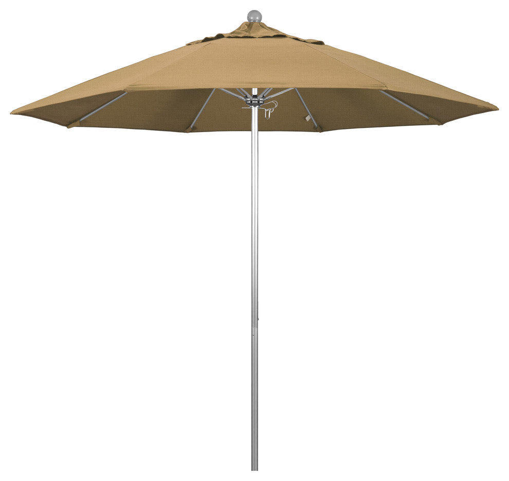 9' Silver Anodized Push Lift Fiberglass Rib Aluminum Umbrella, Olefin, Straw