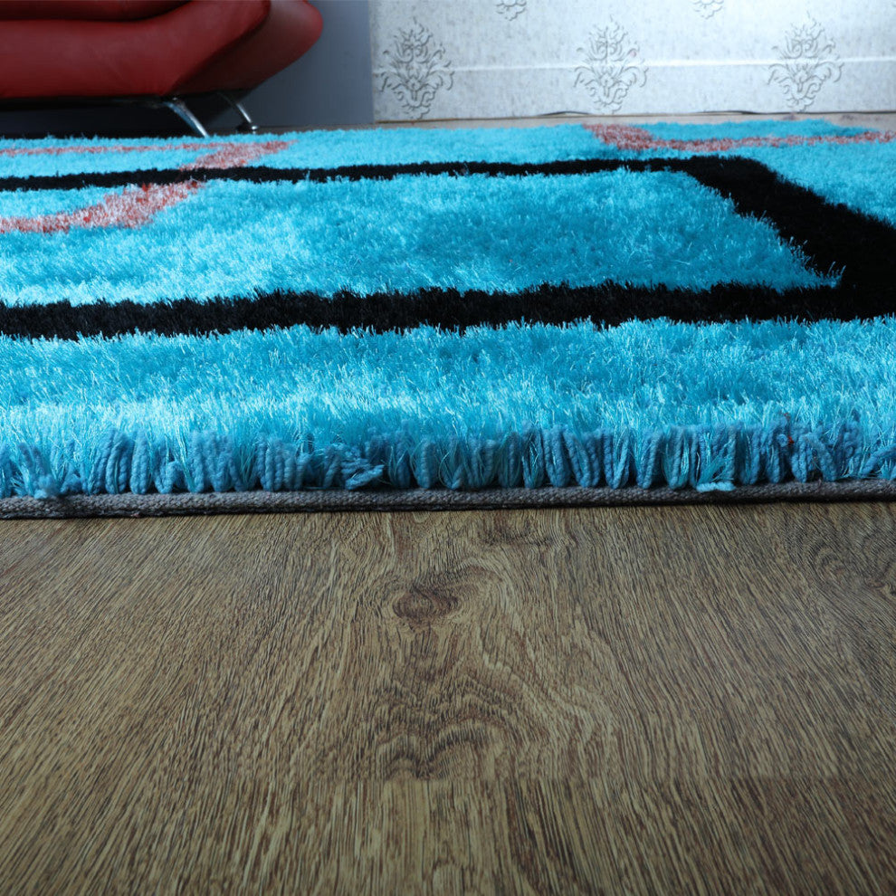 HAND TUFTED SHAG POLYESTER ECO-FRIENDLY AREA RUGS - Turquoise,Geometric Design