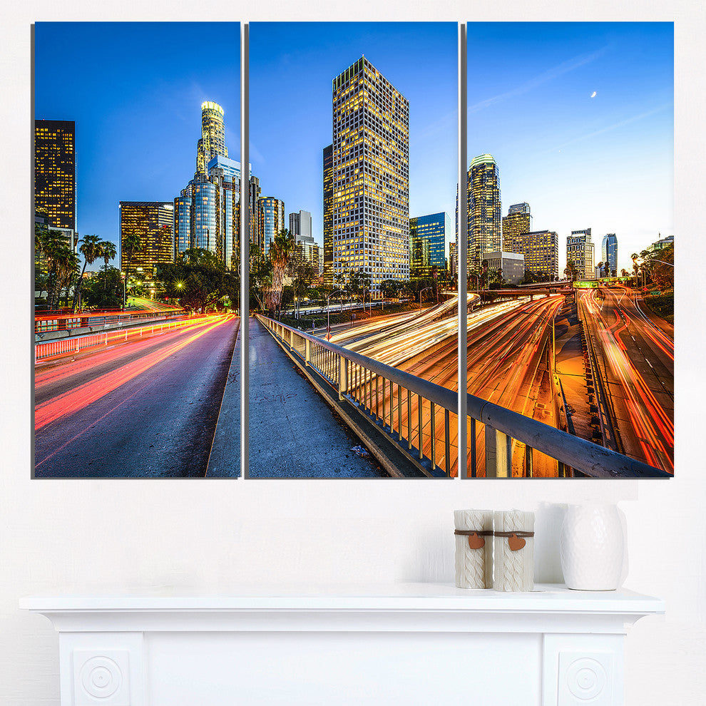 "Downtown LA With Traffic Trail" Metal Wall Art, 3 Panels, 36"x28"