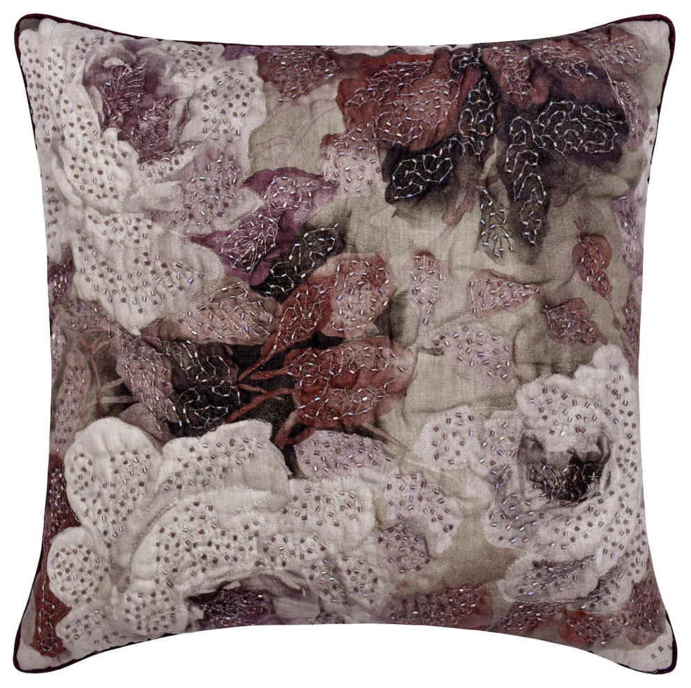 Purple Cotton Sequins Embroidery Rose 22"x22" Pillow Cover - Munstead Wood Rose