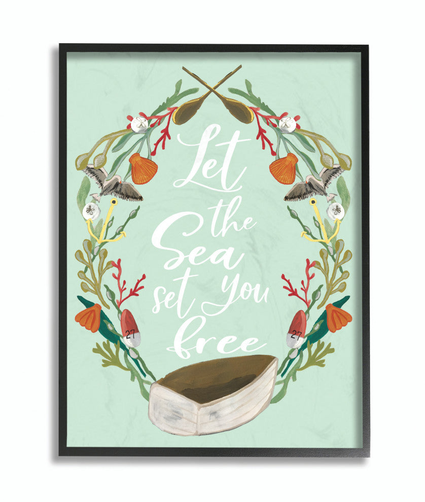 Sea Set You Free Boat Birds Ocean Beach Word Design, 24"x30", Black Frame