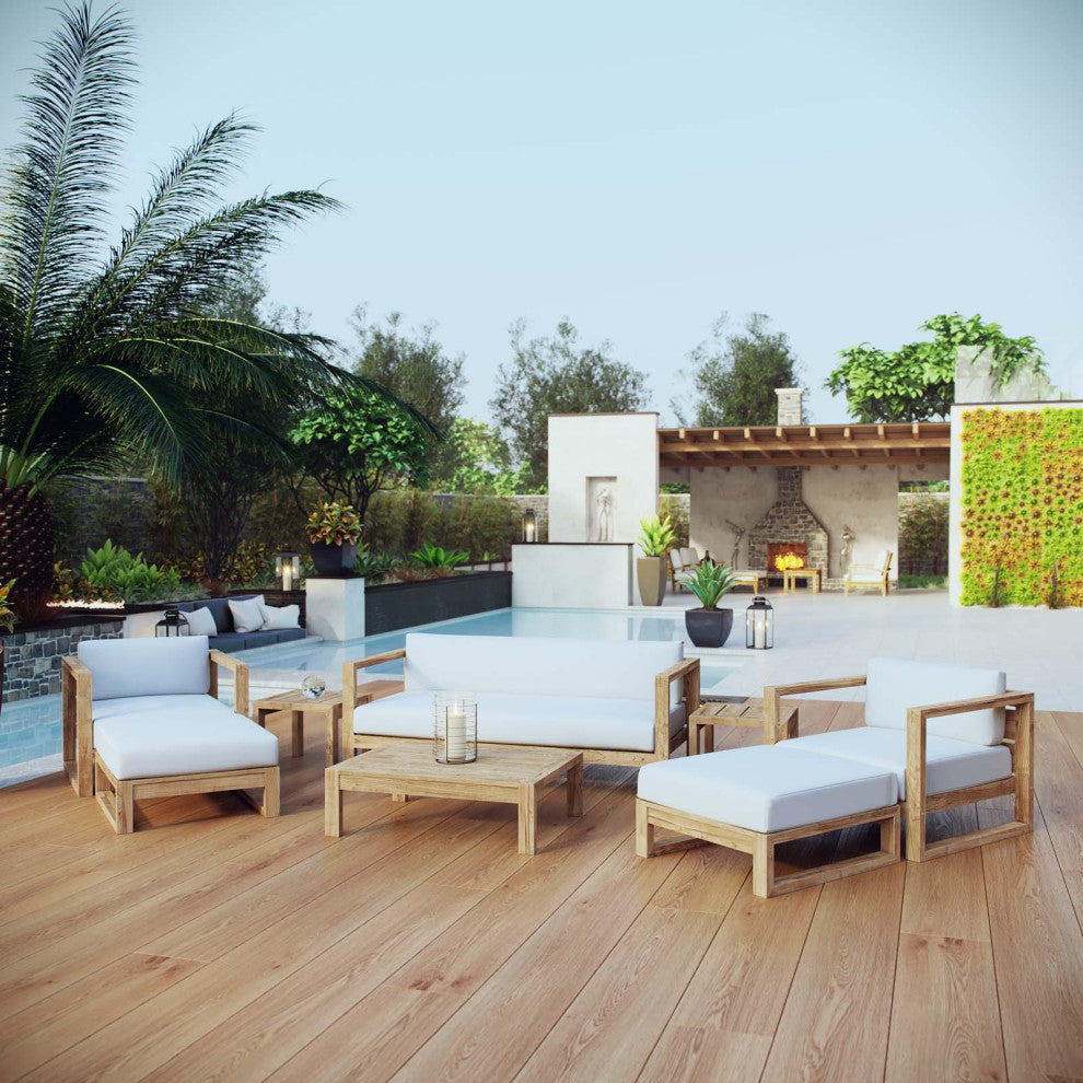 Sectional Sofa Chair Table Set, White Natural, Teak Wood, Modern, Outdoor Patio