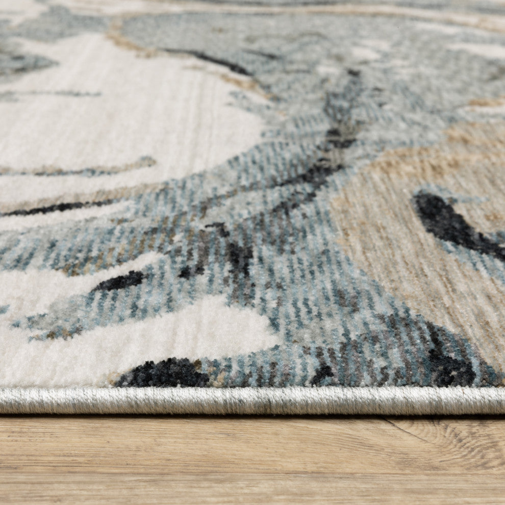 Easely Modern Abstract Elements Steel Blue/ Ivory Area Rug, 6'7" x 9'6"