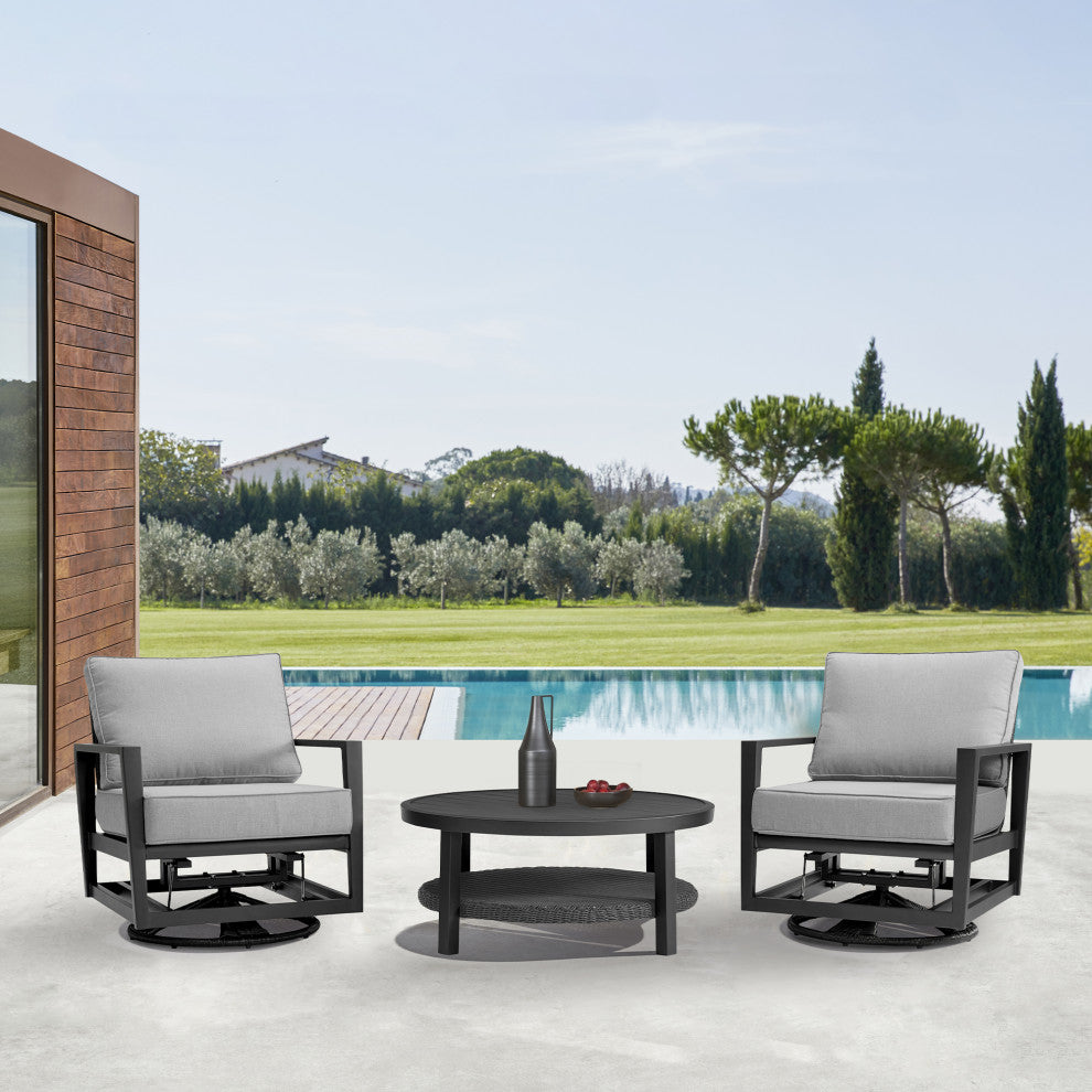 Grand 3 Piece Black Aluminum Outdoor Seating Set With Dark Gray Cushions