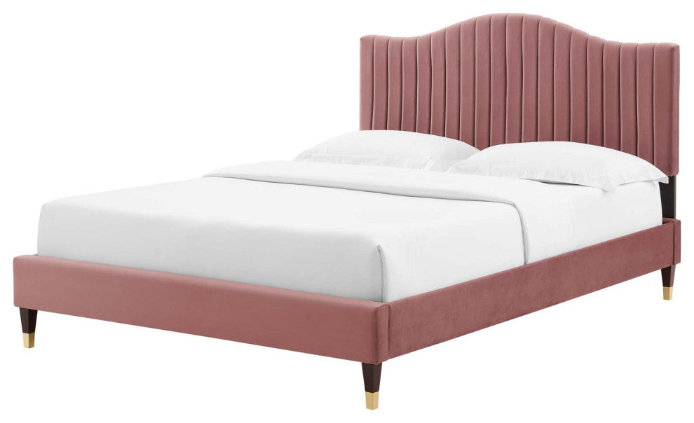 Tufted Platform Bed Frame, Full Size, Velvet, Pink, Modern Contemporary, Bedroom
