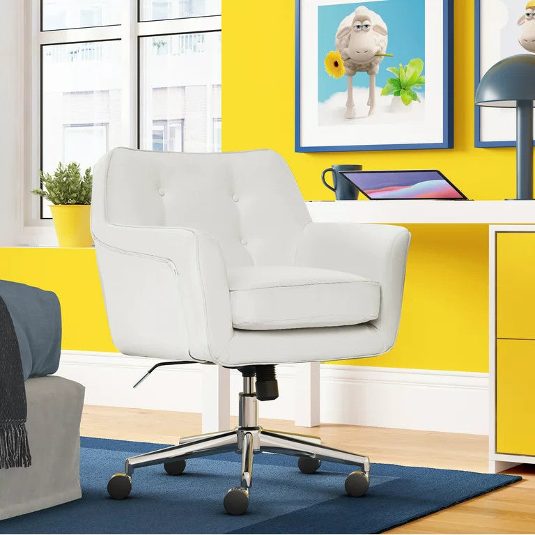 Swivel Office Chair, Memory Foam Seat & Button Tufted Back, White Faux Leather