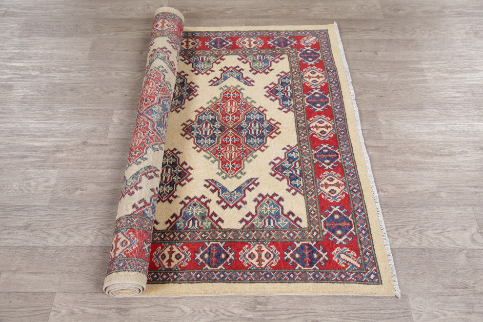 Hand-Knotted Kazak Oriental Traditional Pakistani Area Rug, Beige, 5'11"x4'0