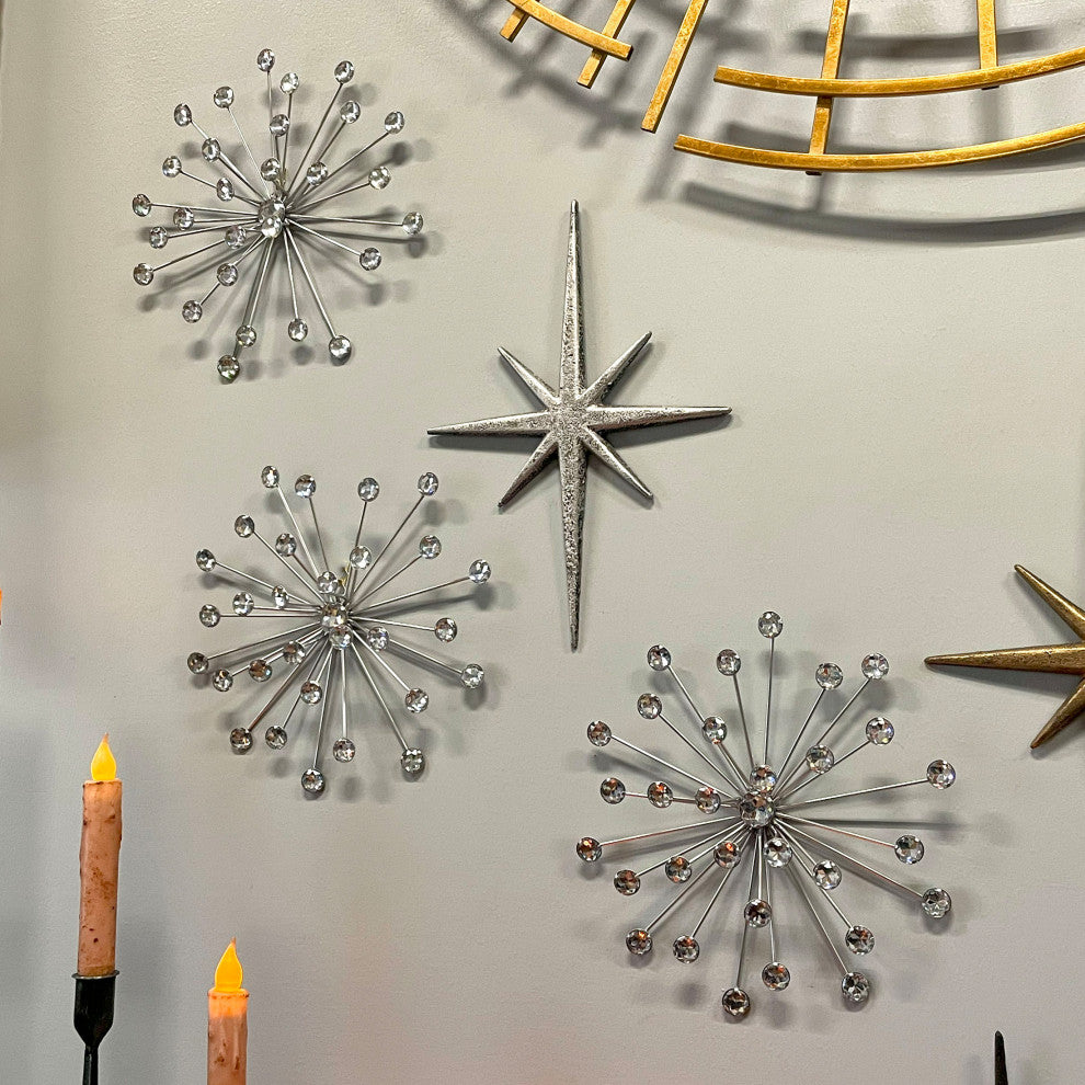 3 Silver Starburst Jeweled Metal Decorative Wall Art Hanging Rhinestone Crystal