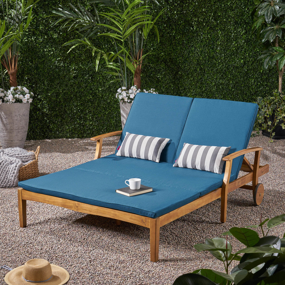 GDF Studio Samantha Outdoor Acacia Wood Double Chaise Lounge, Teak Finish/Blue