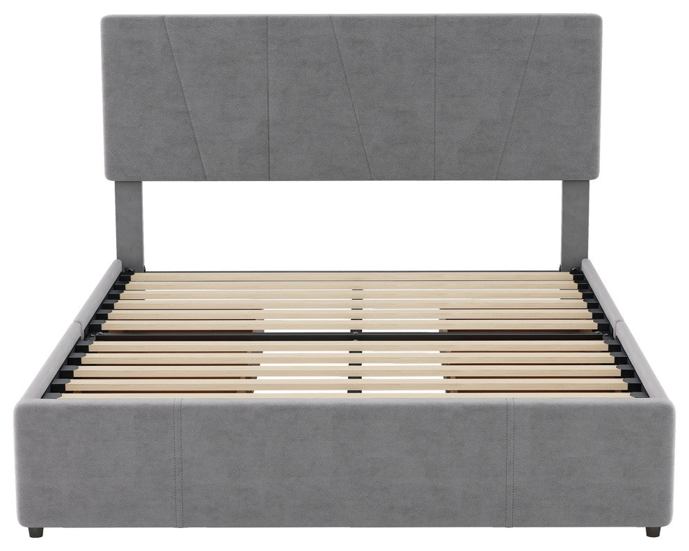 Gewnee Full Size Upholstery Platform Bed with Four Drawers on Two Sides in Grey