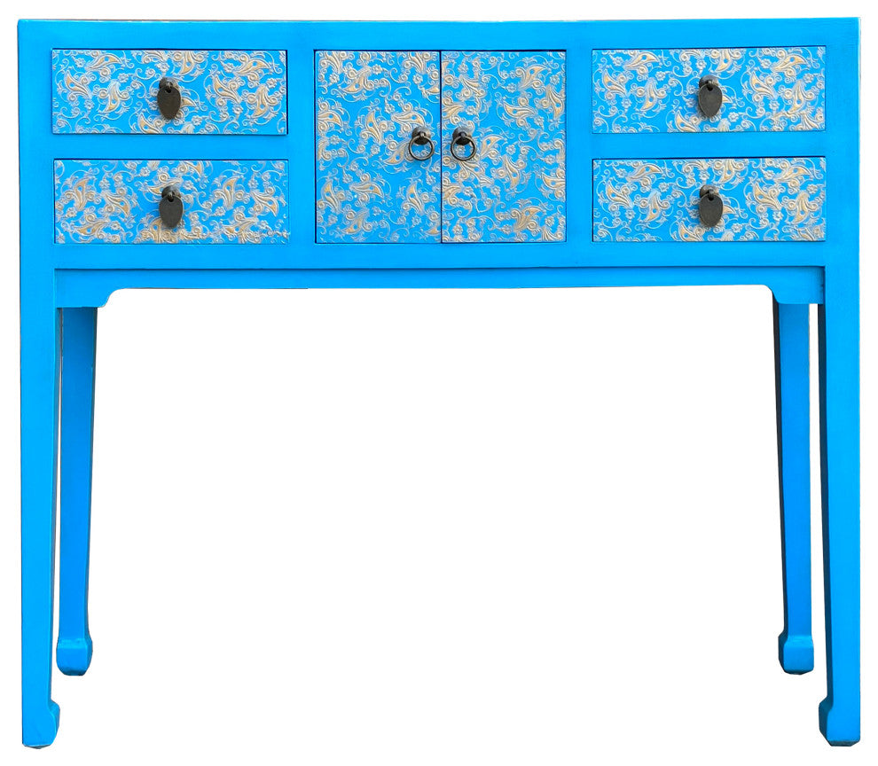 Bright Blue Lacquer Golden Flower Graphic Drawers Slim Foyer Side Table Hcs7146