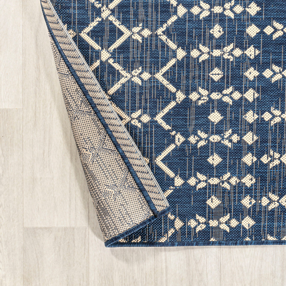 Ourika Moroccan Geometric Indoor/Outdoor Rug, Navy/Beige, 2x10
