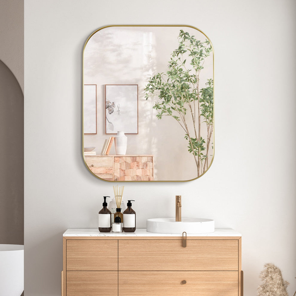 Trielle Rectangular Framed Bathroom Wall Mirror, Brushed Gold, 36"
