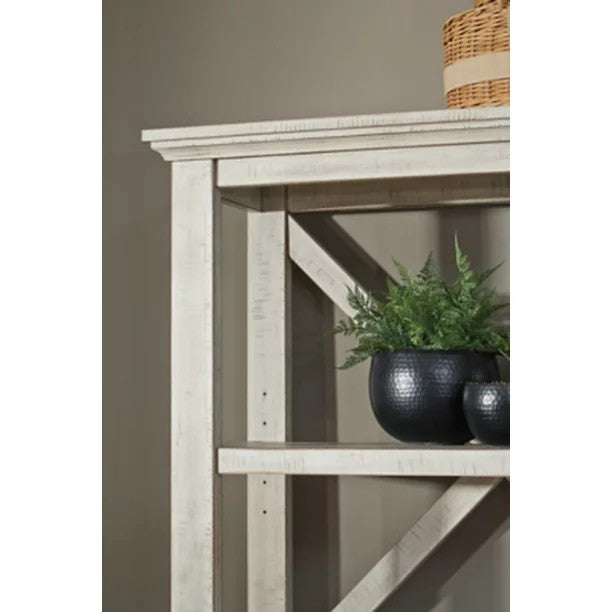 Farmhouse Bookcase, Lower Open Cubby & Open Shelves With X Back, Whitewash