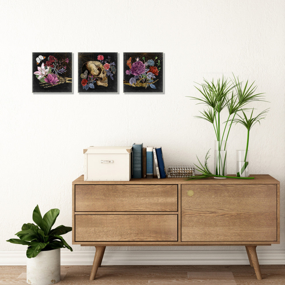 Skull And Arms Bones Floral Drawing Designs 3-Piece Set, 17"x17"
