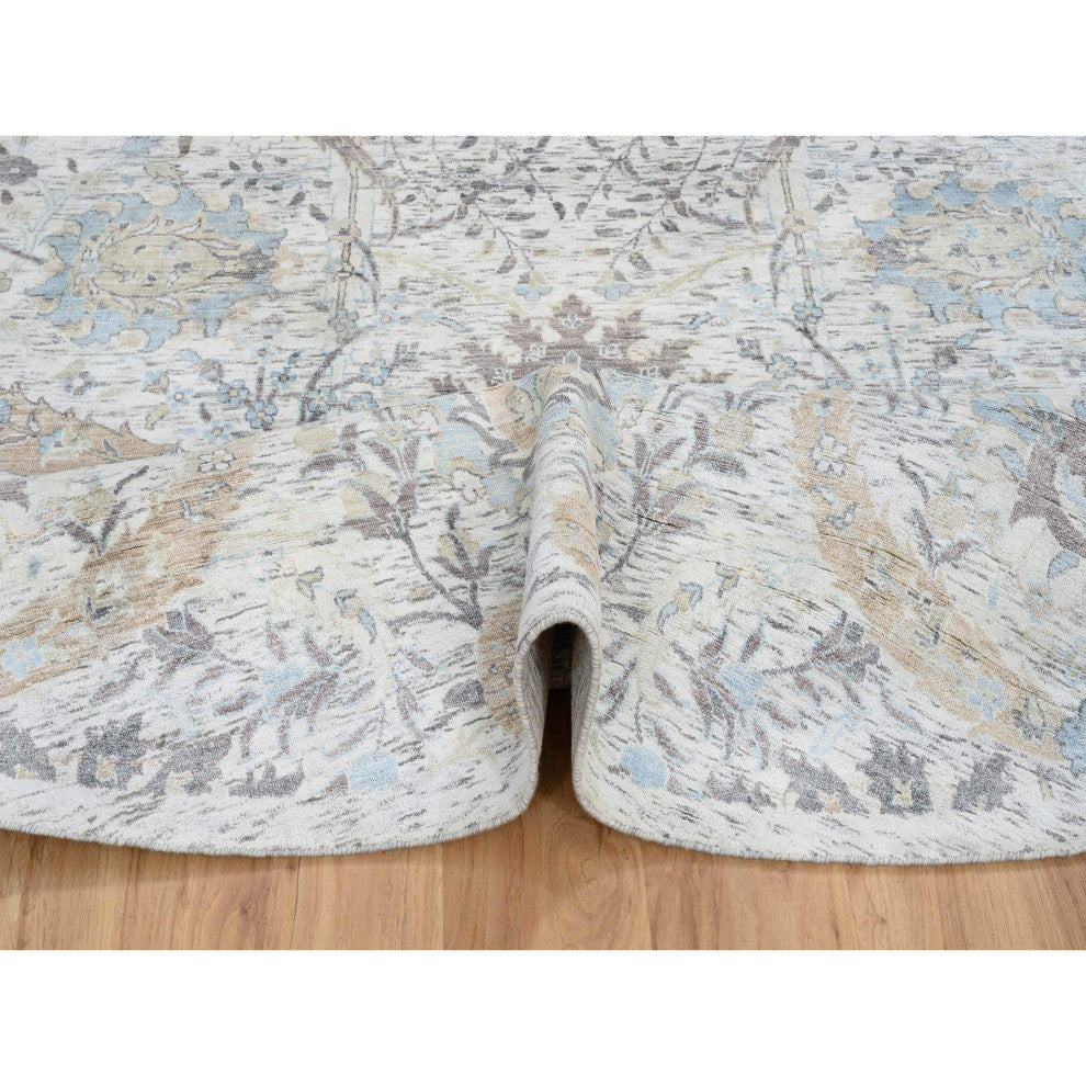 Ivory, Silk With Wool Hand Knotted, Sickle Leaf Design Round Rug, 9'9"x9'9"