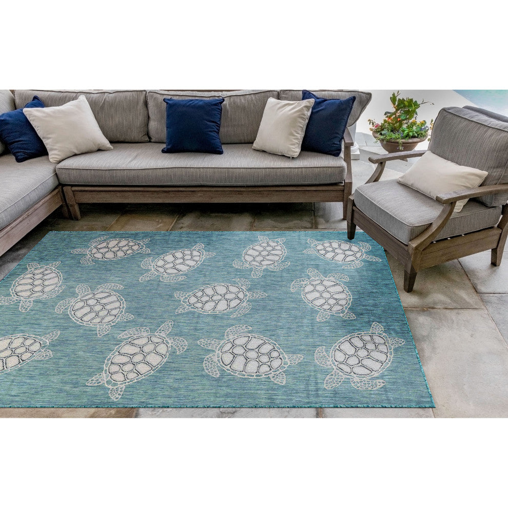 Carmel Seaturtles Indoor/Outdoor Rug, Aqua, 4'10"x7'6"