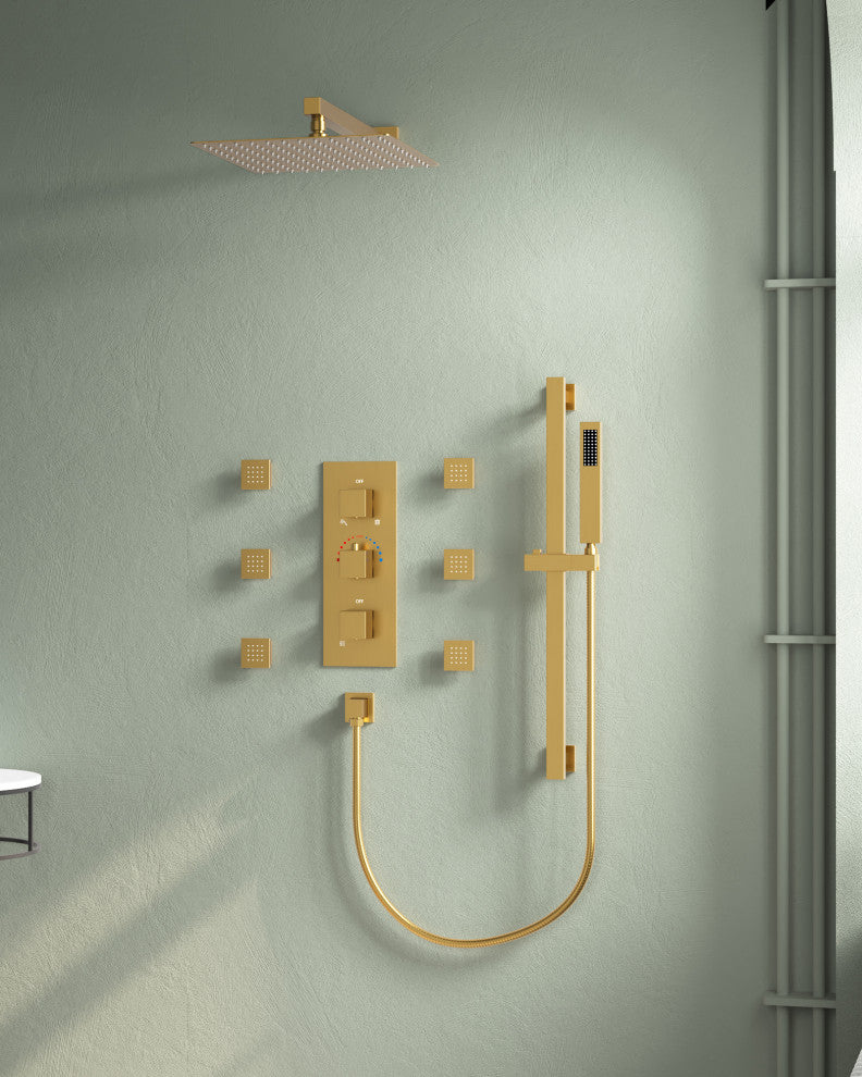 Thermostatic Shower Faucet 12" Rain Shower Head with Handheld Slide Bar System, Brushed Gold