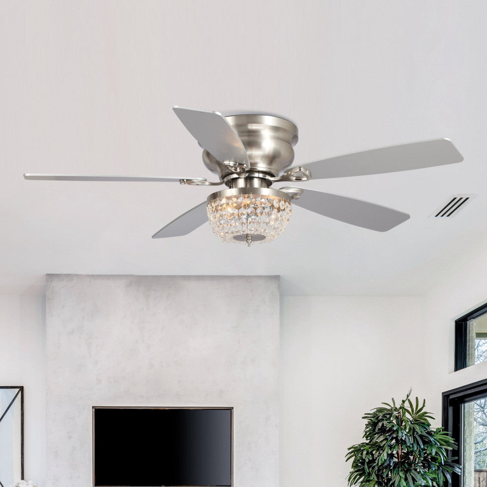 48-in Satin Nickel Crystal Flush Mount Ceiling Fan with Remote and Light Kit