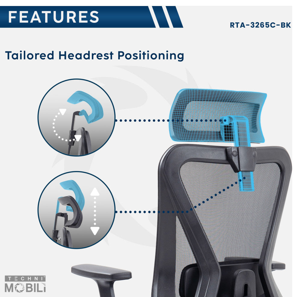Techni Mobili Truly Ergonomic Mesh Office Chair with Headrest, Black