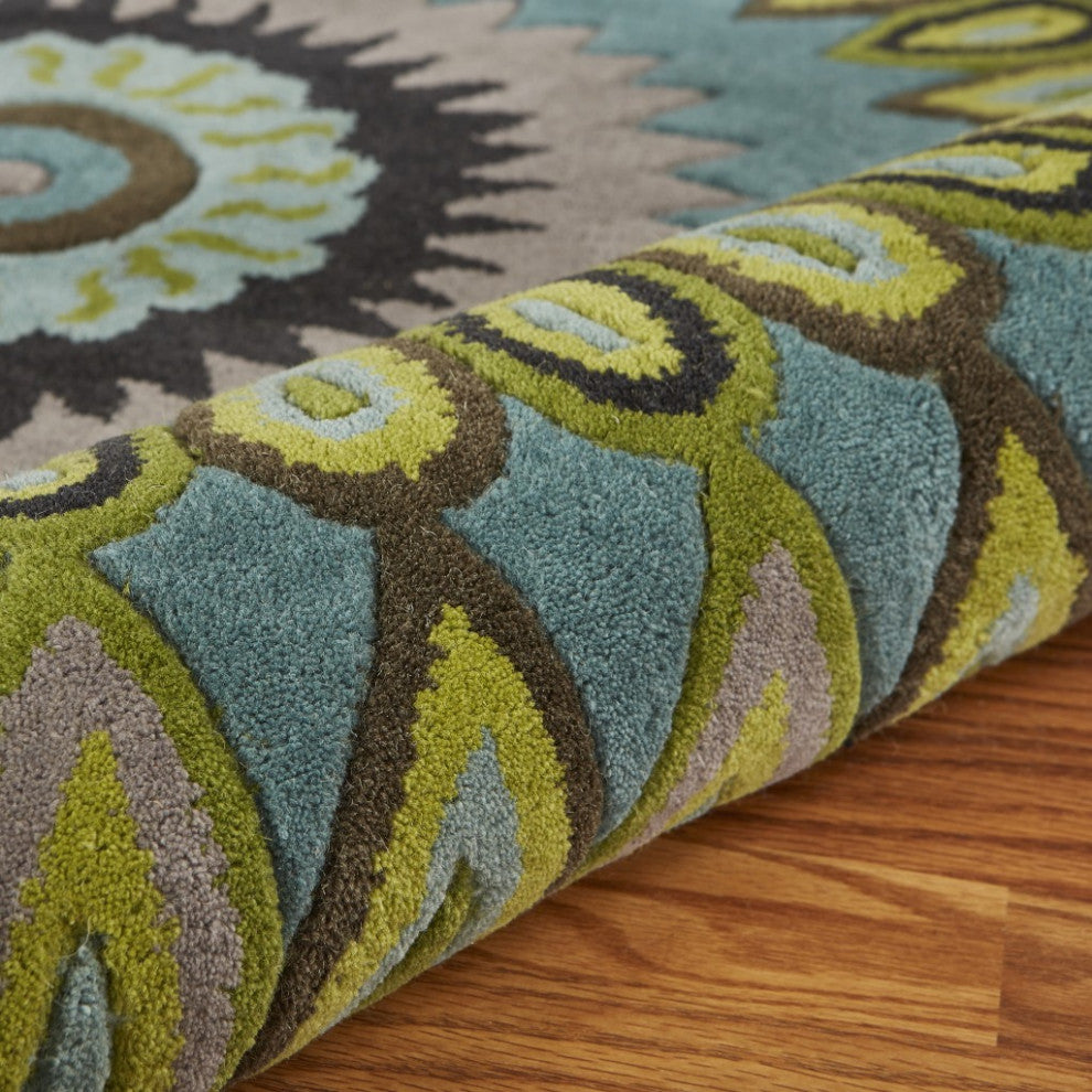 5" Round Green Peacock Feather Area Rug