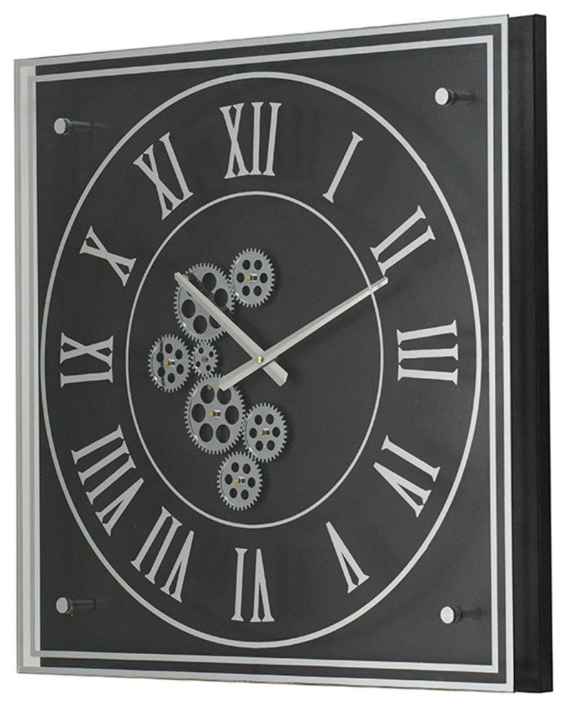 24" Black and Silver Vintage Style Gears Square Wall Clock