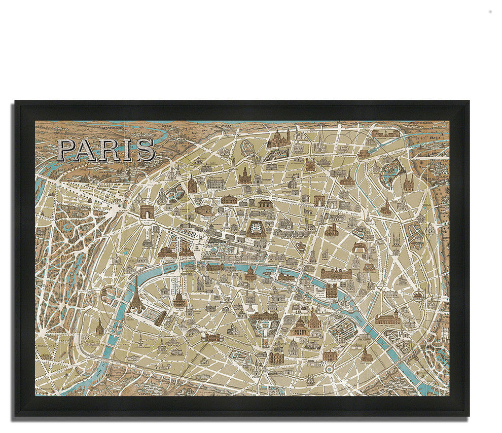 "Monuments Of Paris Map" By Wild Apple Portfolio, Framed Painting Print