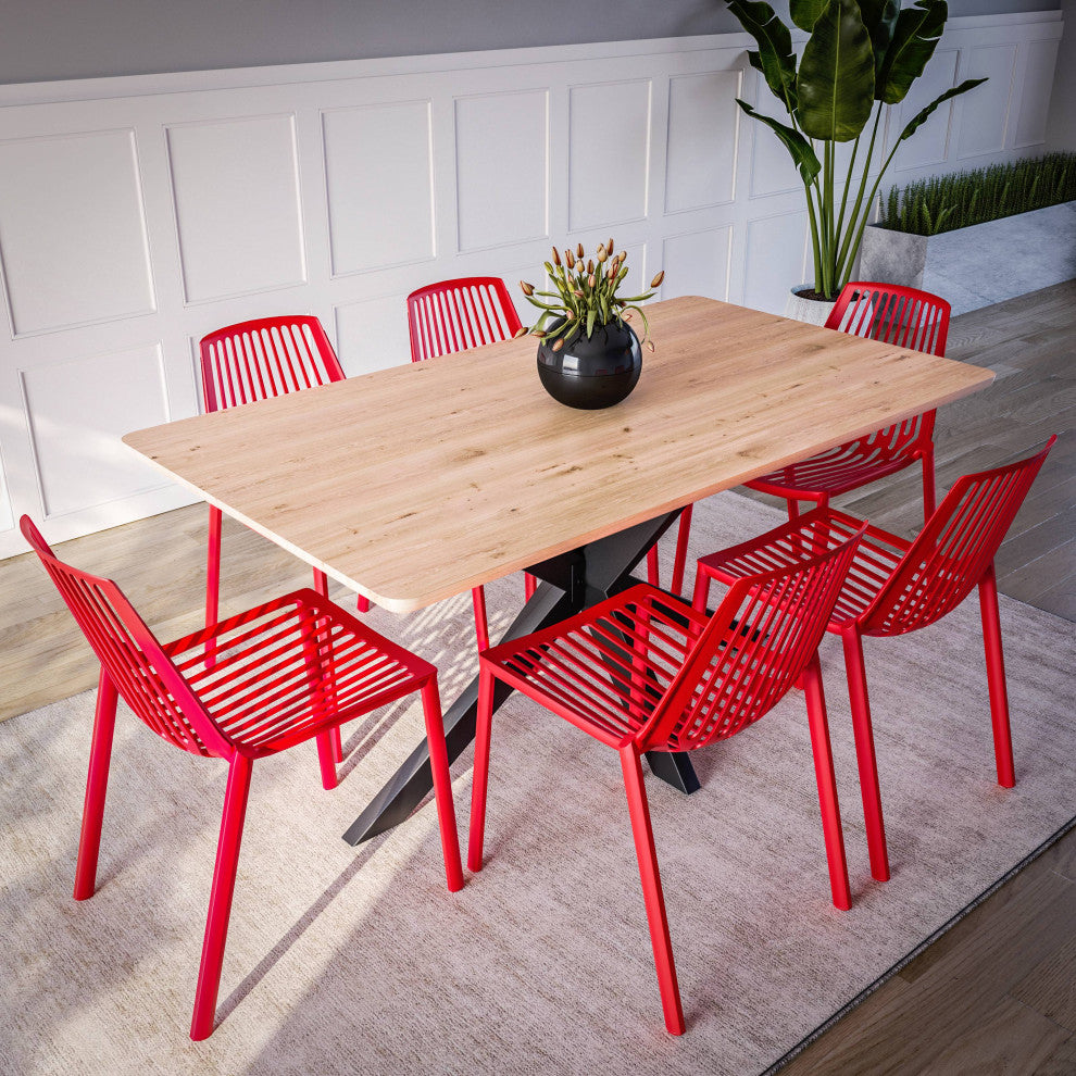 LeisureMod Acken Mid-Century Modern Plastic Dining Chair, Red