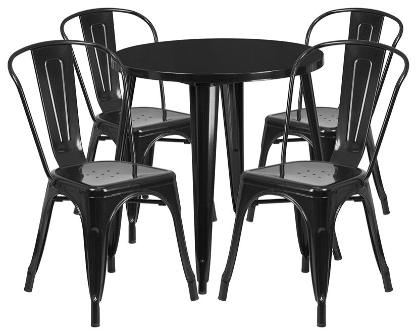 30" Round Black Metal Indoor-Outdoor 5-Piece Table Set With 4 Cafe Chairs